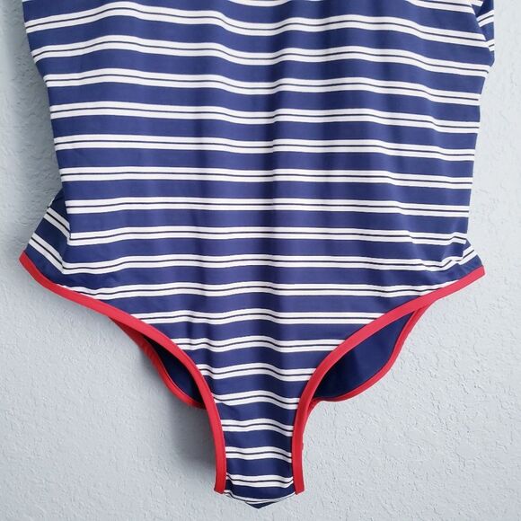 Vineyard Vines Blue and White Striped Red Trimmed One Piece Swimsuit - Picture 2 of 8